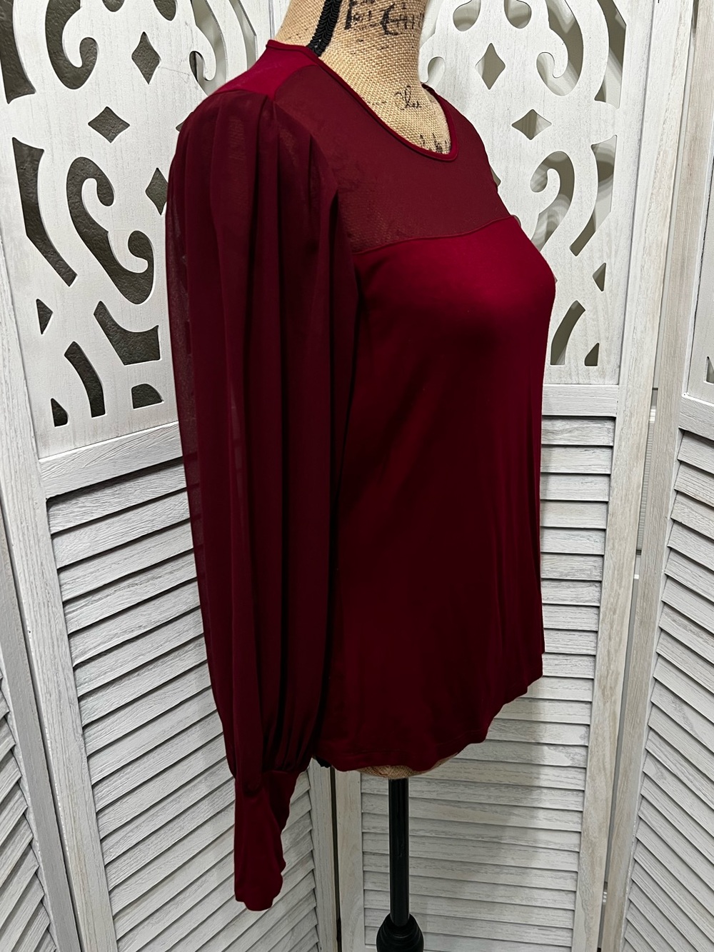 Lascana Women’s Mesh Yoke Long Sleeve Top - Burgundy - Picture 5 of 13